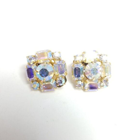 Vintage Sparkly AB Cluster Rhinestone Clip On Earrings, Retro Rainbow Sparkle - Picture 2 of 6